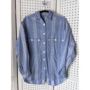 Entity Women's M Button Down Striped Embroidered Chambray Shirt 100% Cotton